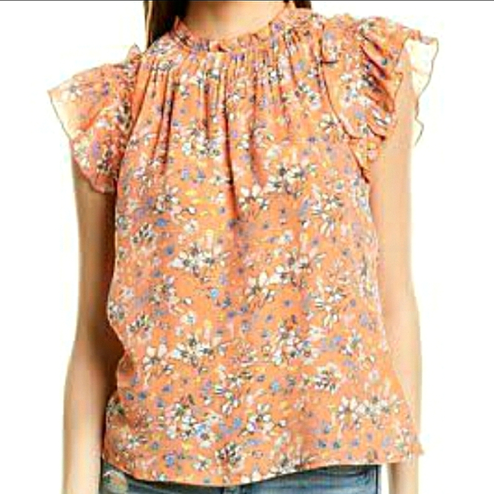 NWT Nanette Lepore Orange Floral Ruffled Short Sleeve Blouse sz M
